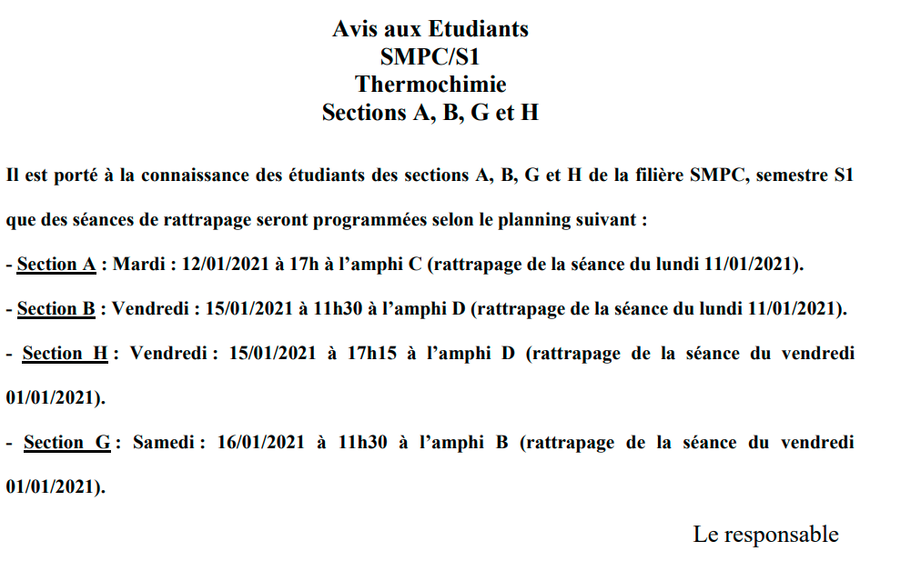 Avis aux Etudiants SMPC/S1 Thermochimie Sections A, B, G et H
