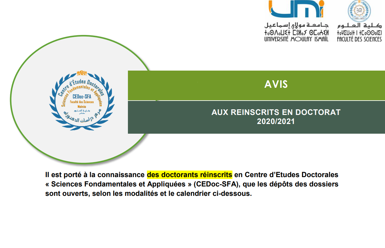 AVIS AUX REINSCRITS EN DOCTORAT 2020/2021