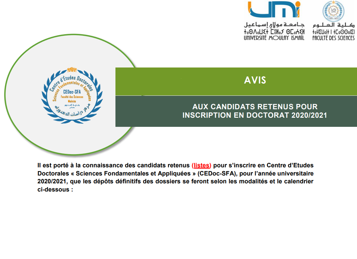 AVIS AUX CANDIDATS RETENUS POUR INSCRIPTION EN DOCTORAT 2020/2021
