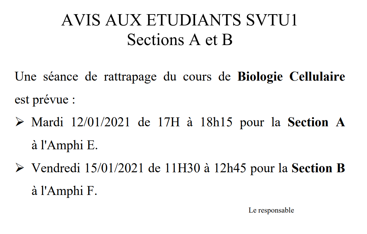 AVIS AUX ETUDIANTS SVTU1 Sections A et B