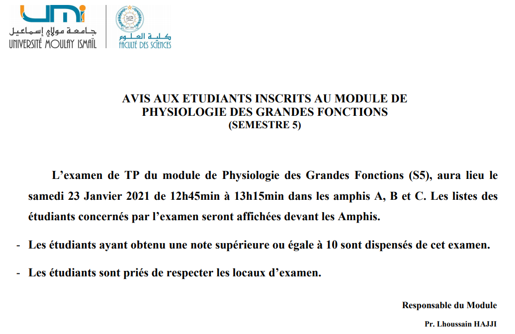 AVIS AUX ETUDIANTS INSCRITS AU MODULE DE PHYSIOLOGIE DES GRANDES FONCTIONS (SEMESTRE 5)