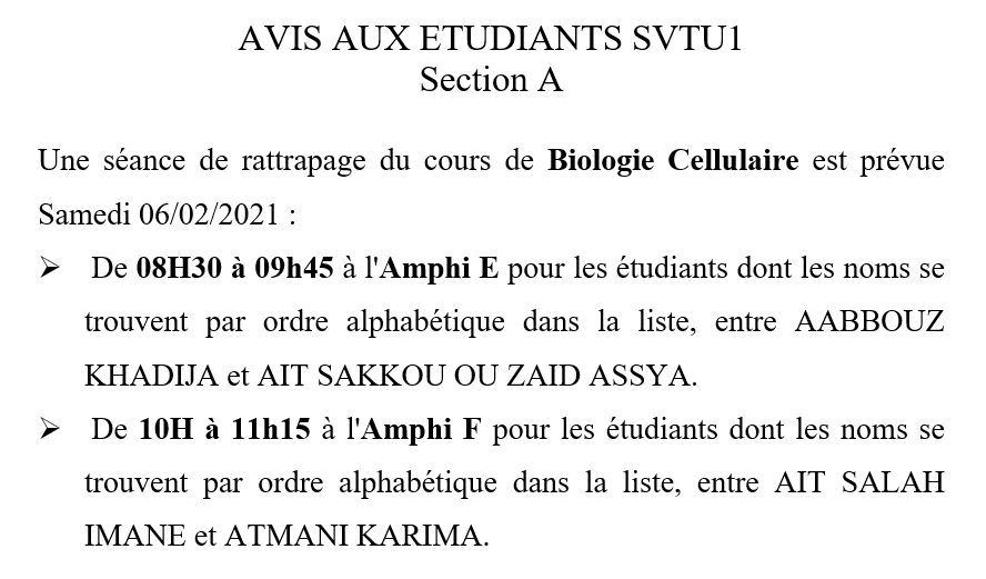 AVIS AUX ETUDIANTS SVTU1 – Section A et Section B