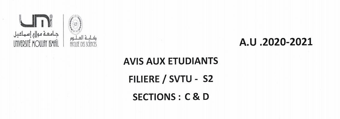 Avis aux étudiants SVTU S2 Sections: C et D