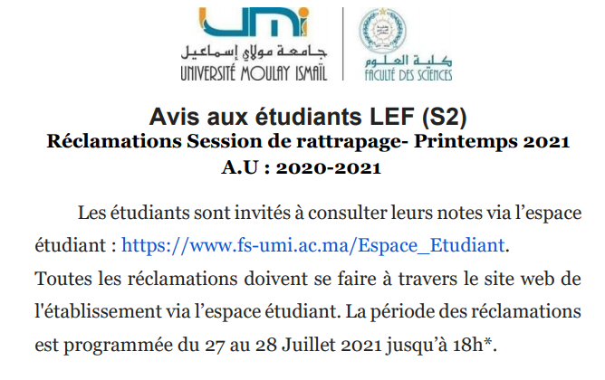 Avis aux étudiants LEF (S2) Réclamations Session de rattrapage- Printemps 2021 A.U : 2020-2021