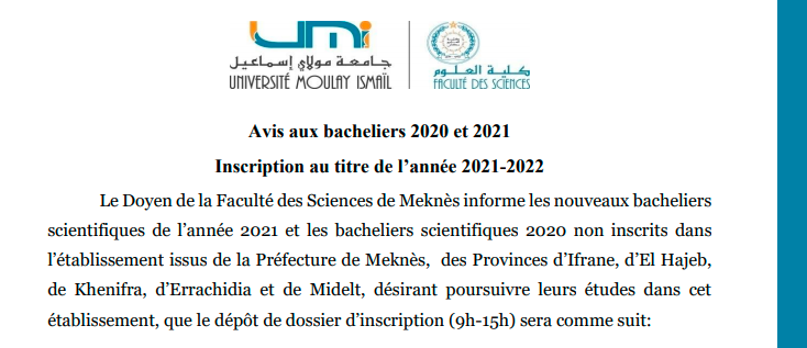 Avis aux bacheliers 2020 et 2021- Inscription au titre de l’année 2021-2022