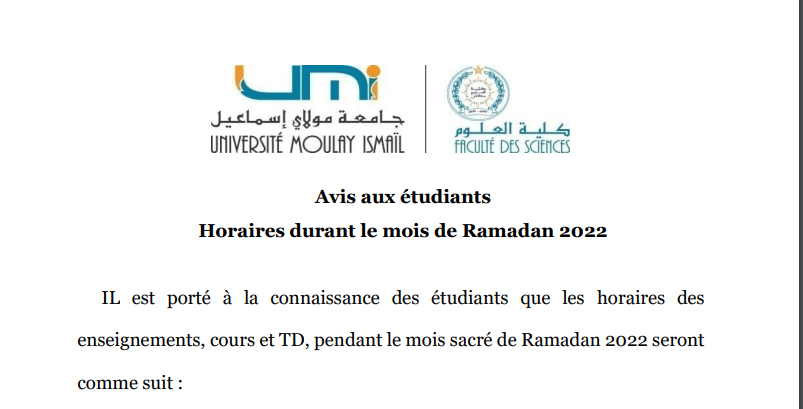 Avis aux étudiants-Horaires durant le mois de Ramadan 2022
