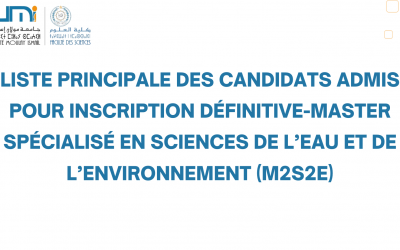 Liste principale des candidats admis pour inscription définitive-Master spécialisé en Sciences de l’eau et de l’environnement (M2S2E)