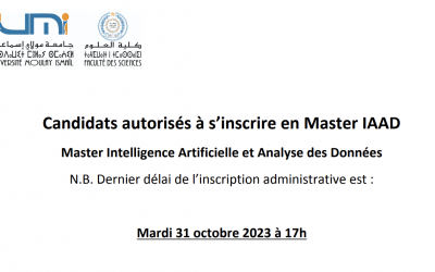 Candidats autorisés à s’inscrire en Master IAAD par ordre de mérite de la liste d’attente