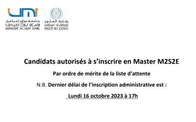 Candidats autorisés à s’inscrire en Master M2S2E Par ordre de mérite de la liste d’attente