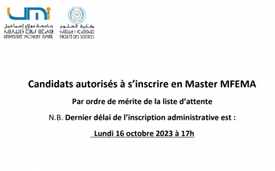 Candidats autorisés à s’inscrire en Master MFEMA Par ordre de mérite de la liste d’attente