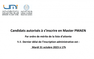 Candidats autorisés à s’inscrire en Master PMAEN par ordre de mérite de la liste d’attente