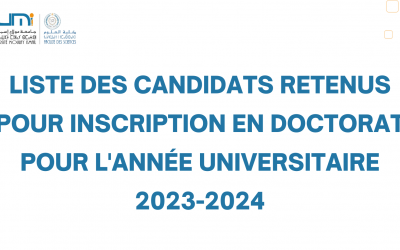 Liste des candidats retenus pour inscription en doctorat pour l’année universitaire 2023-2024.
