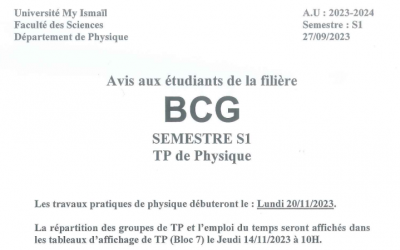 Avis aux étudiants de la filière BCG – S1 – TP de Physique