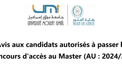 Avis aux candidats autorisés à passer leconcours d’accès au Master (AU : 2024/25)