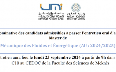 Liste nominative des candidats admissibles à passer l’entretien oral d’accès au Master de Mécanique des Fluides et Énergétique (AU : 2024/2025)