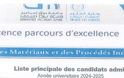 Liste principale des candidats admis – Licence  parcours d’excellence – chimie des Matériaux et des Procédés Industriels