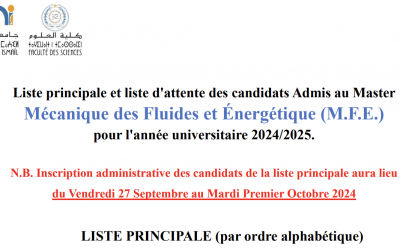 Liste principale et liste d’attente des candidats Admis au Master Mécanique des Fluides et Énergétique (M.F.E.) pour l’année universitaire 2024/2025.