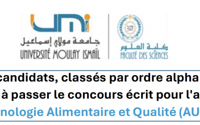 Liste des candidats, classés par ordre alphabétique, autorisés à passer le concours écrit pour l’accès au Master Technologie Alimentaire et Qualité (AU : 2024/25)