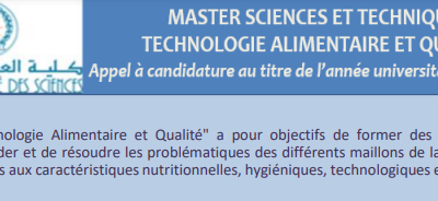 Master Sciences et Techniques Technologie Alimentaire et Qualité-Appel à candidature au titre de l’année universitaire 2024-2025