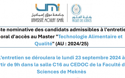 Liste nominative des candidats admissibles à l’entretienoral d’accès au Master “Technologie Alimentaire etQualité” (AU : 2024/25)