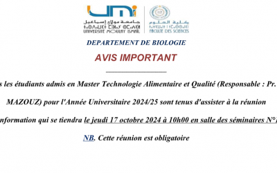 AVIS IMPORTANT – Master Technologie Alimentaire et Qualité