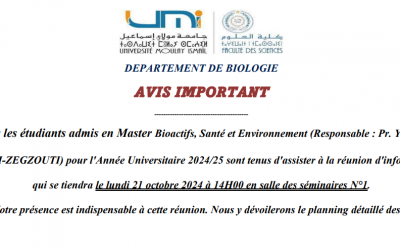 AVIS IMPORTANT – Master Bioactifs, Santé et Environnement