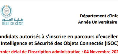 Candidats autorisés à s’inscrire en parcours d’excellence Intelligence et Sécurité des Objets Connectés (ISOC)