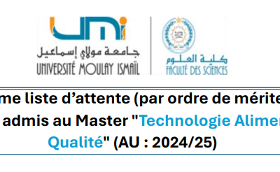 Candidats issus de la 2ème liste d’attente admis à s’inscrire au Master “Technologie Alimentaire et Qualité”(AU : 2024/25)