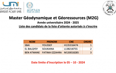 Liste d’attente N°1 – Master Géodynamique et Géoressources (M2G)