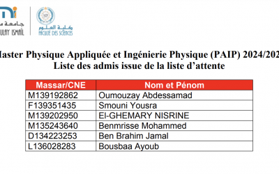 Liste d’attente N°1 – Master Physique Appliquée et Ingénierie Physique (PAIP) 2024/2025