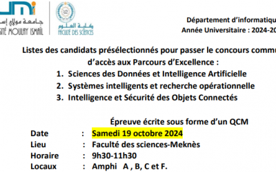 Listes des candidats présélectionnés pour passer le concours commun d’accès aux Parcours d’Excellence : 1. Sciences des Données et Intelligence Artificielle 2. Systèmes intelligents et recherche opérationnelle 3. Intelligence et Sécurité des Objets Connectés