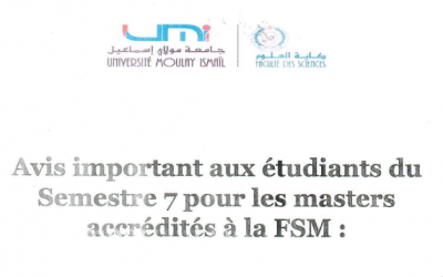 Avis important aux étudiants du Semestre 7 pour les masters accrédités à la FSM