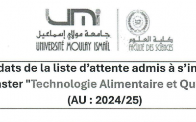 Candidats de la liste d’attente admis à s’inscrire au master “technologie alimentaire et qualité”