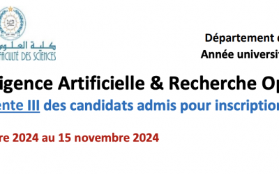 Master Intelligence Artificielle & Recherche Opérationnelle-Liste d’attente III des candidats admis pour inscription définitive