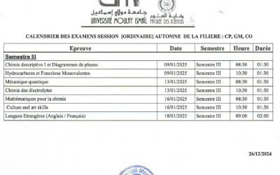 Calendriers des examens de la session ordinaire automne de les filières CP ,GM,CO 2024-25