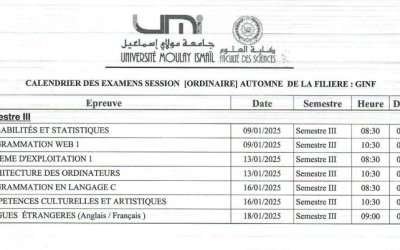 Calendriers des examens de la session ordinaire automne de la filière GINF 2024-25