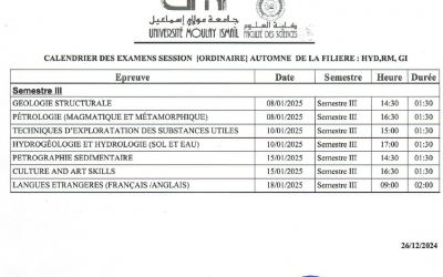 Calendriers des examens de la session ordinaire automne de les filière HYD ,RM ,GI 2024-25