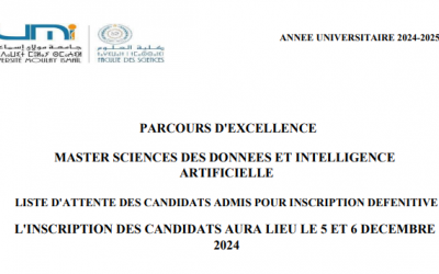 LISTE D’ATTENTE DES CANDIDATS ADMIS POUR INSCRIPTION DEFENITIVE – MASTER SCIENCES DES DONNEES ET INTELLIGENCE ARTIFICIELLE