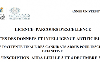 LISTE D’ATTENTE FINALE DES CANDIDATS ADMIS POUR INSCRIPTIONDEFINITIVE – LICENCE- PARCOURS D’EXCELLENCE SCIENCES DES DONNEES ET INTELLIGENCE ARTIFICIELLE (SDIA)