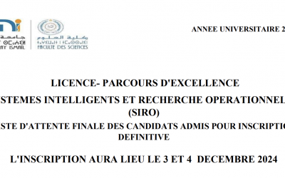 LISTE D’ATTENTE FINALE DES CANDIDATS ADMIS POUR INSCRIPTIONDEFINITIVE – LICENCE- PARCOURS D’EXCELLENCE SYSTEMES INTELLIGENTS ET RECHERCHE OPERATIONNELLE (SIRO)