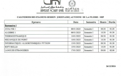 Calendriers des examens de la session ordinaire automne de la filière MIP 2024-25