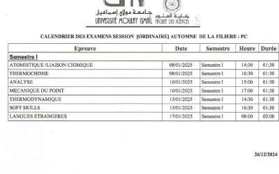 Calendriers des examens de la session ordinaire automne de la filière PC 2024-25