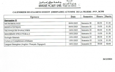 Calendriers des examens de la session ordinaire automne de les filières PVP , BCPH  2024-25