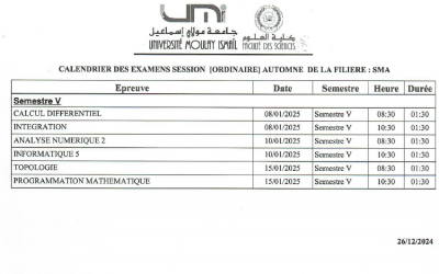 Calendriers des examens de la session ordinaire automne de la filière SMA 2024-25