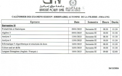 Calendriers des examens de la session ordinaire automne de la filière SMA LNG 2024-25