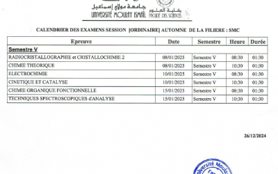 Calendriers des examens de la session ordinaire automne de la filière SMC 2024-25