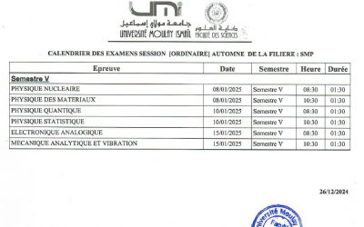 Calendriers des examens de la session ordinaire automne de la filière SMP 2024-25