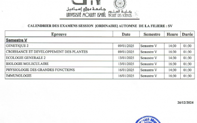 Calendriers des examens de la session ordinaire automne de la filière SV 2024-25