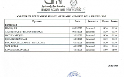 Calendriers des examens de la session ordinaire automne de la filière BCG 2024-25